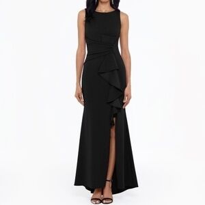 Betsy‎ & Adam. Christine Scuba Crepe Ruffled Bow Gown.